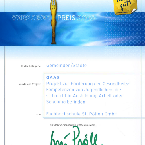 Nominierung des Projektes GAAS f&uuml;r den Vorsorgepreis 2016 (28. Februar 2016)&nbsp;